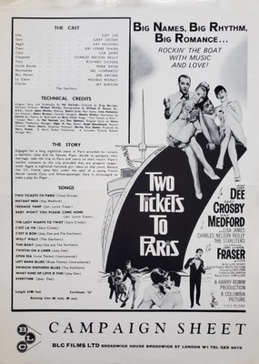 ZWEI TICKETS NACH PARIS - VINTAGE 1962 PRESSE-INFOBLATT - GARY CROSBY, KAY MEDFORD