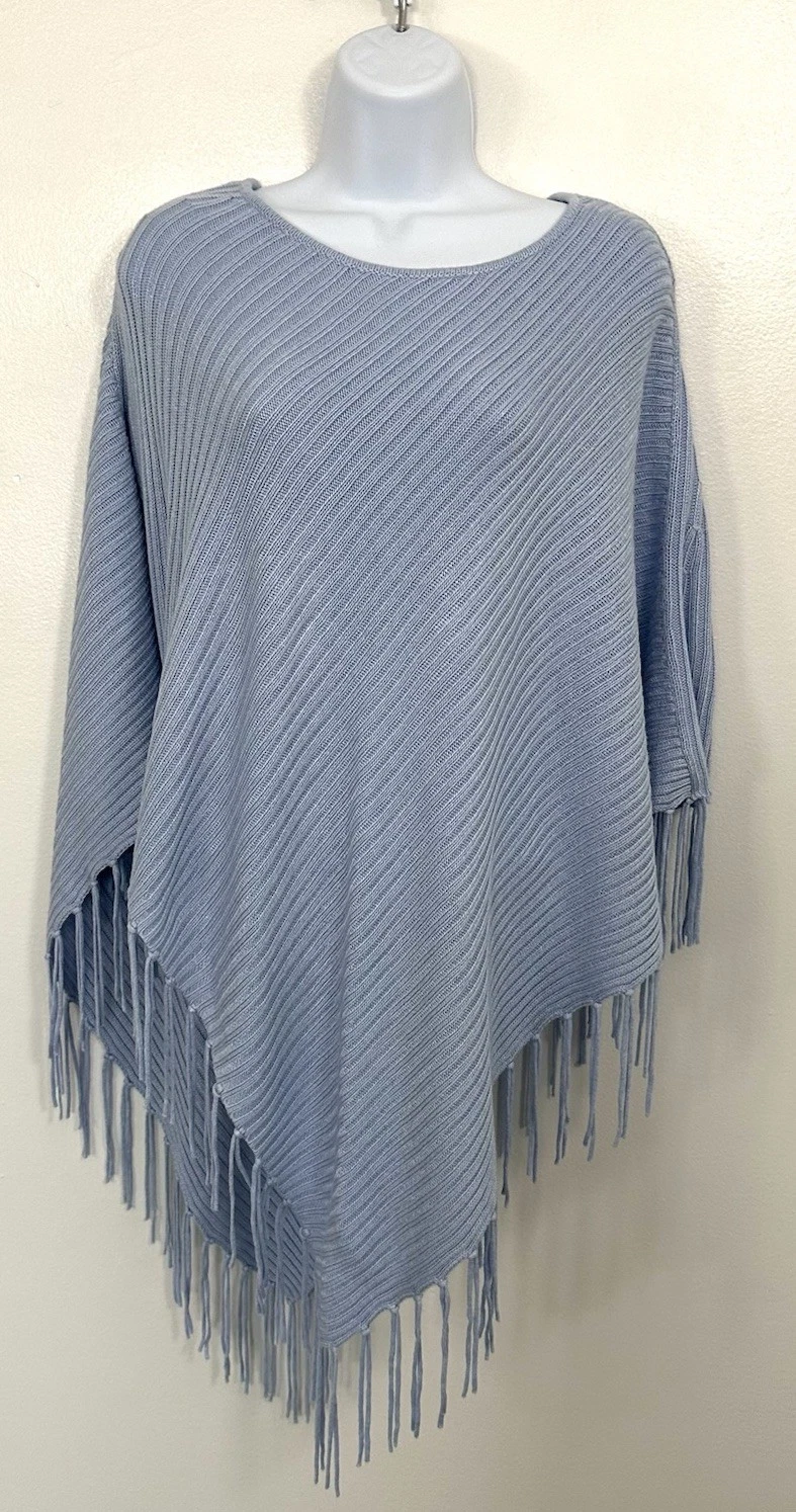 Chico’s (One Size) Womens Blue Knitted Sweater Poncho Shawl Fringed Boho Hippie