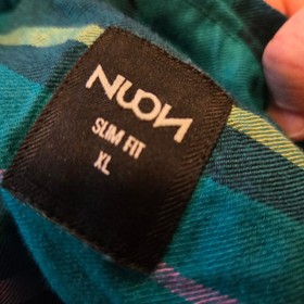 NUON Slim Fit Plaid Button Front Shirt XL Teal Blue Purple Viscose