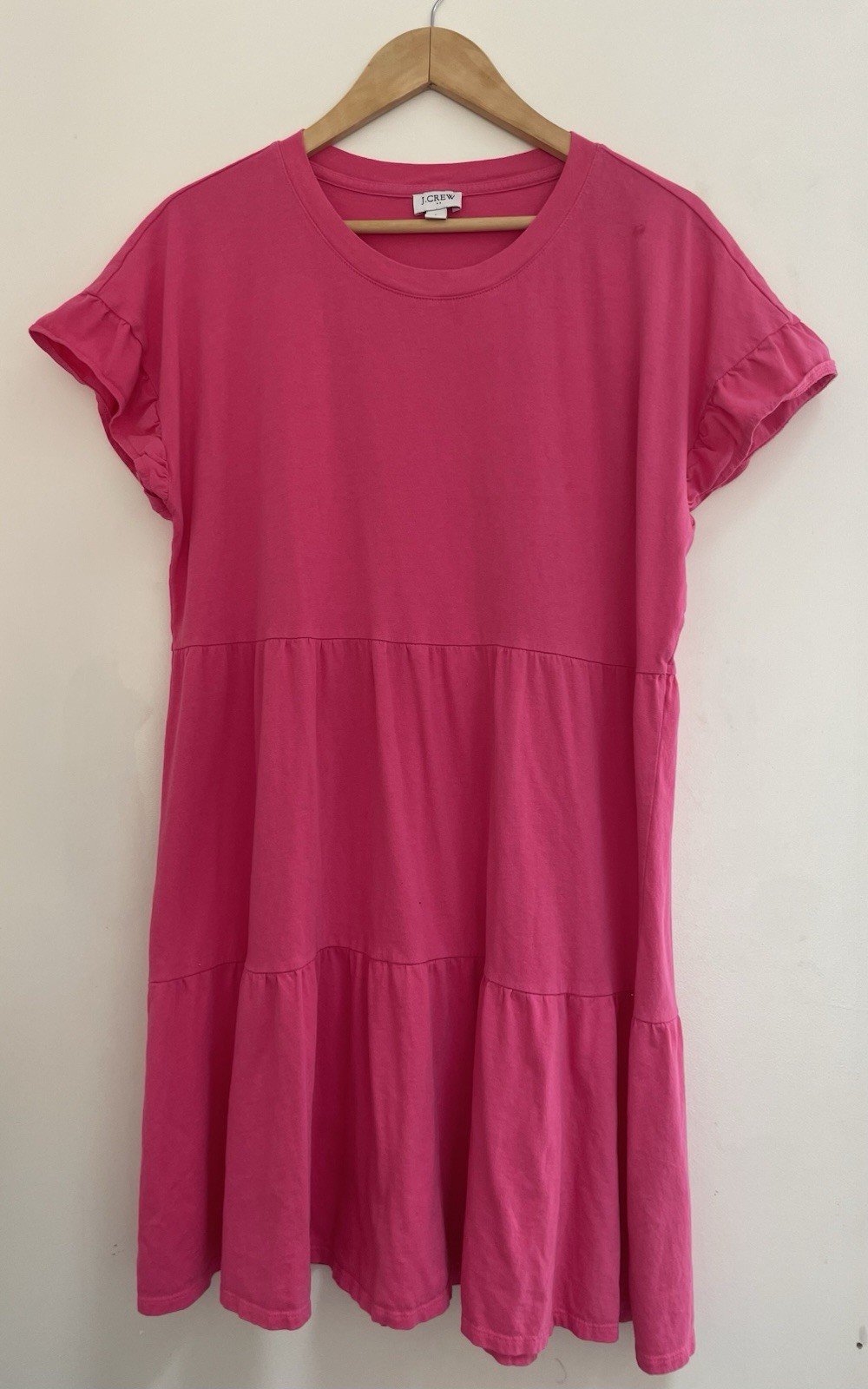 J. Crew Women's Solid Pink Soft 100% Cotton Tiered Ruffle Short Sleeve Dress L