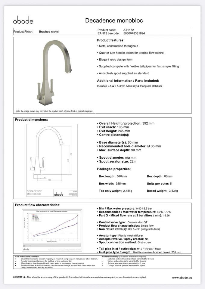 ABODE DECADENCE AT1172 MONOBLOC IN BRUSHED NICKEL Ex-Display - Image 4 of 4