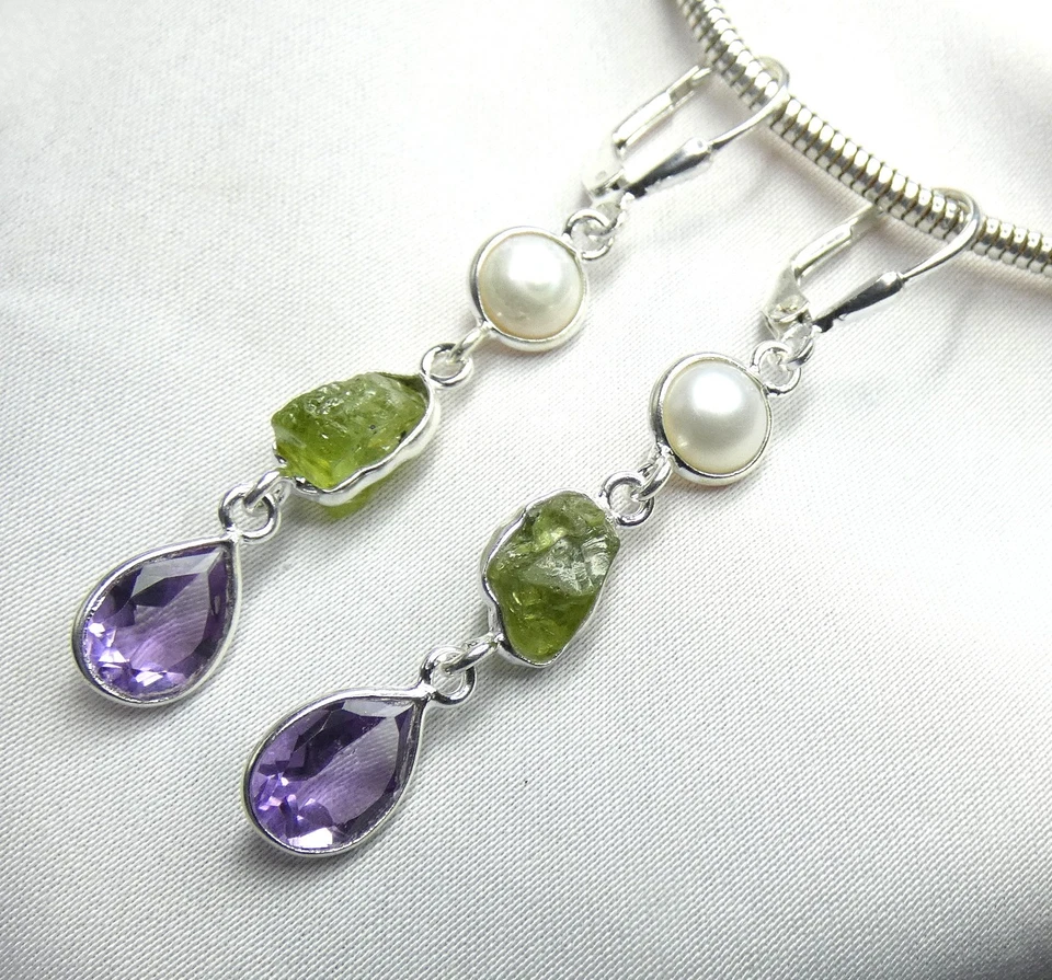 💫Ohrhänger 925 Silber Klappbrisur fac. Amethyst, Perle, Roh-Peridot UNIKAT💫 - Bild 2 von 4