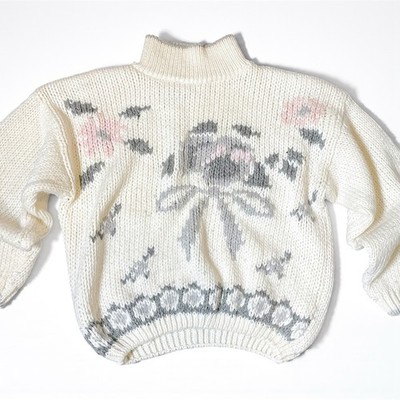 VTG Handknit Coquette Sweater Pink Ivory Pullover Cottagecore Dreamy Grannycore