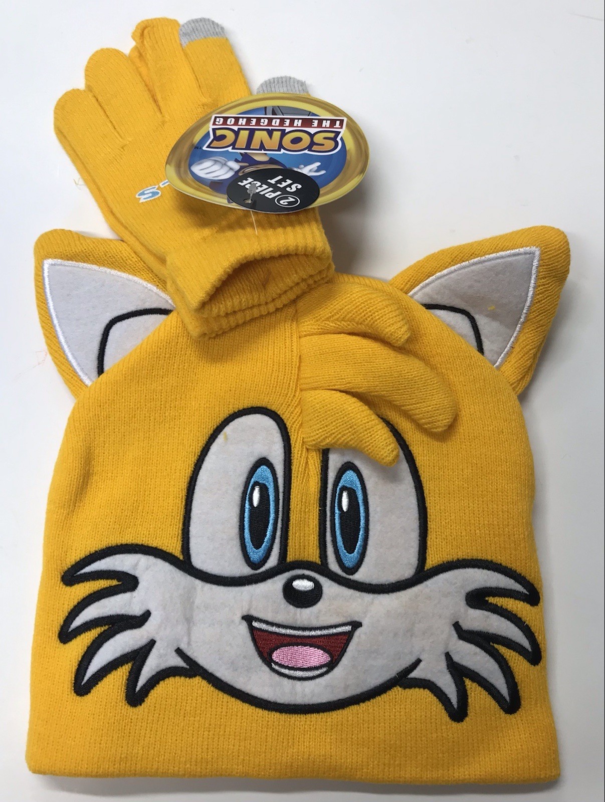 Beanie Cap - Sonic the Hedghog Face Tails YELLOW w/Glove Mitten Hat Set NEW