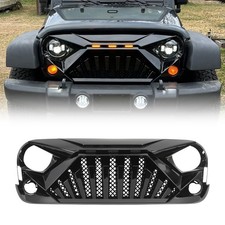 Glossy Black Front Grille Wled Amber Lights For 2007-2018 Jeep Wrangler Jk Jku