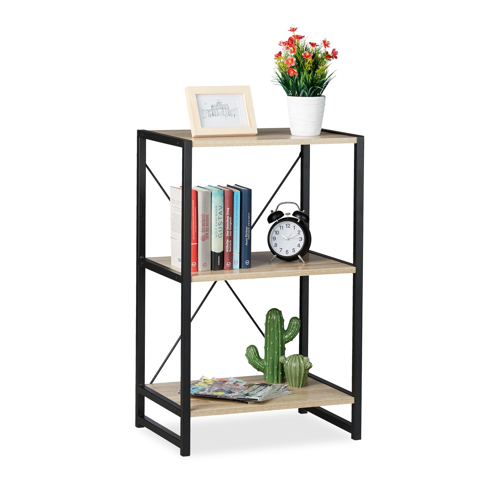 Etagère sur pieds meuble de rangement 3 niveaux marron/noir étagère