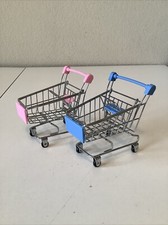 Vintage Blue Pink Handle Metal Shopping Cart Miniature Doll Toy Replica Set of 2