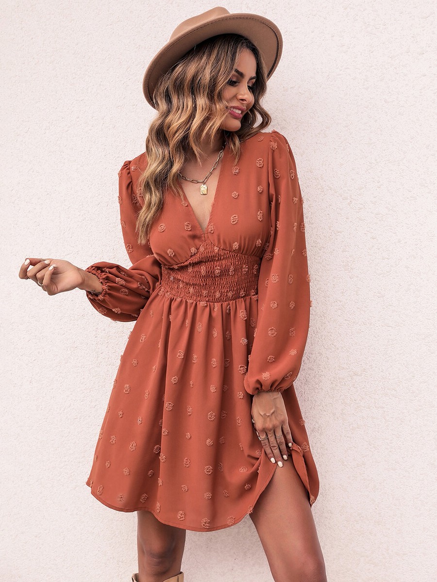 V Neck Clip Dot Shirred Waist Long Sleeve Dress Above Knee