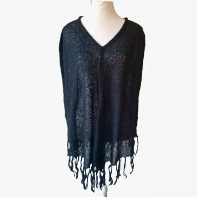 NWT MKM Designs Women's 70s Plus Retro Knitted Vneck Lightweight Poncho 2X Black