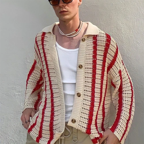 Men Crochet Hollow Out Kintted Cardigan Sweater Top Long Sleeve See-Through Red - Picture 11 of 11