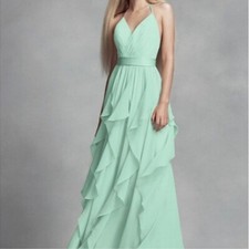 Vera Wang White mint green halter maxi formal gown wedding bridesmaid 8