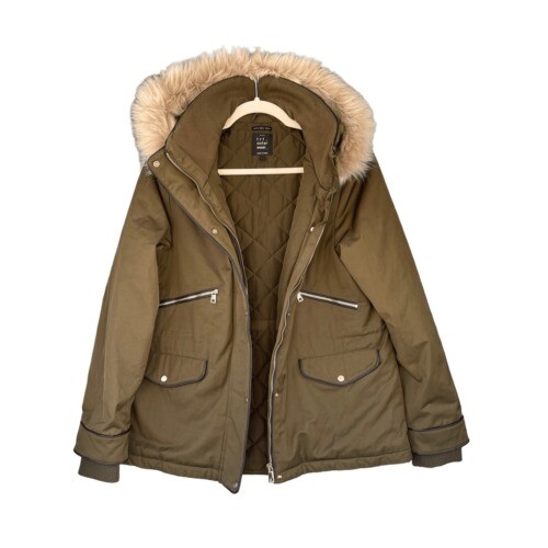 Zara TRF Outerwear Parka Coat Faux Fur Hooded Olive Green Jacket M