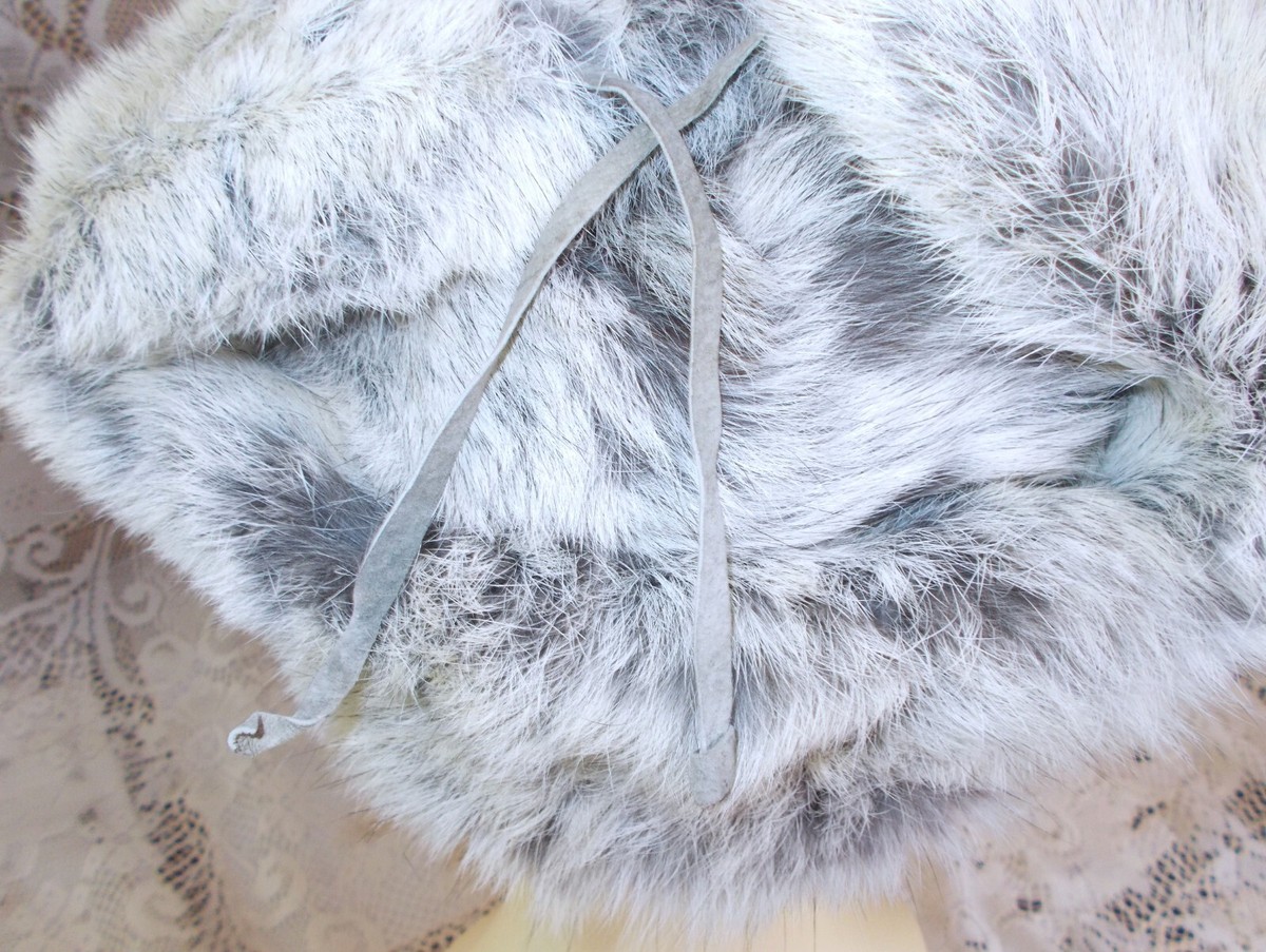 Vintage Gray & White Rabbit Fur & Tan Suede Trapper Hat W  display picture 1