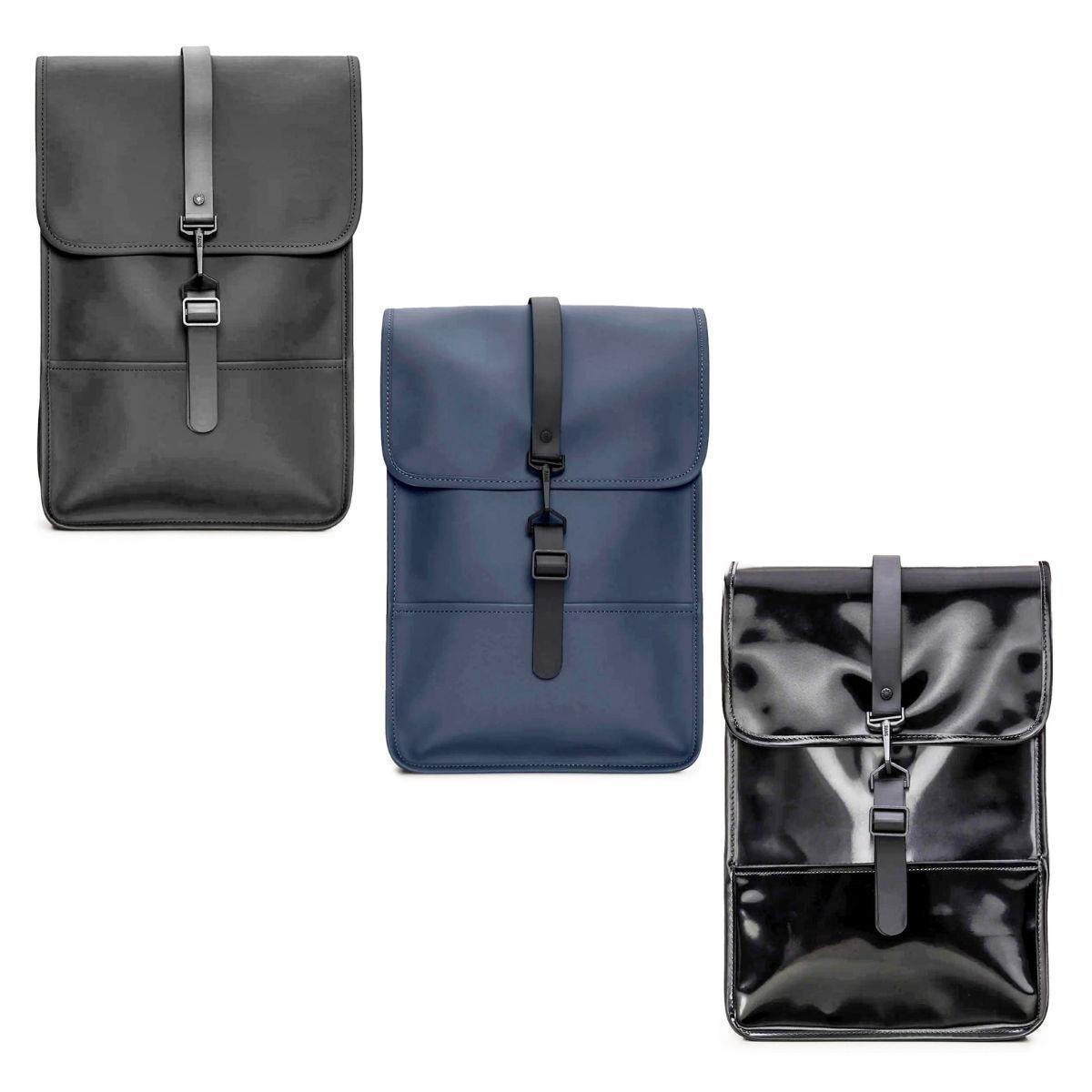 RAINS Mochila Mini Contemporánea Impermeable Portátil Mochila en Negro Charol