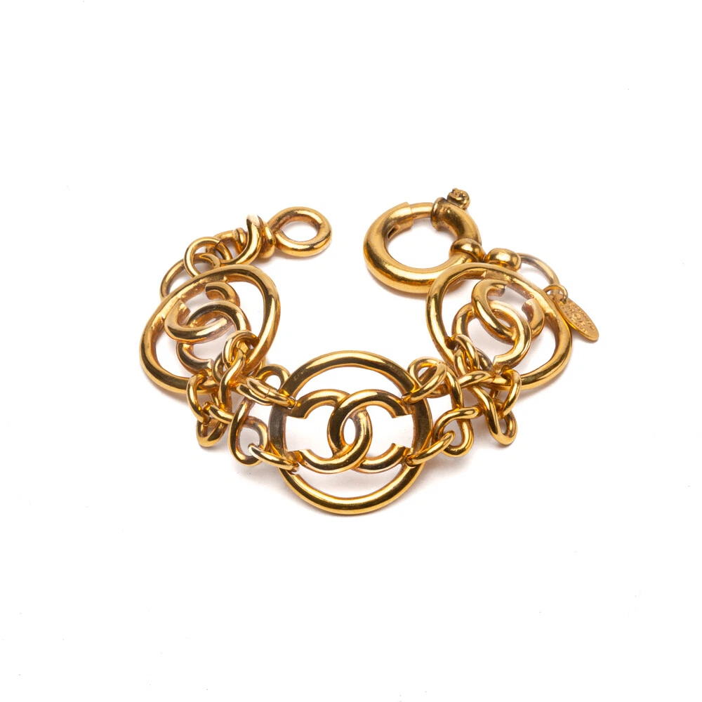CHANEL CC Logo Openwork Round Link Bracelet 93P Vintage G