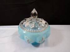 Large Fenton Blue Overlay Glass Melon Dresser Puff Box w/ Enamel Decoration #2