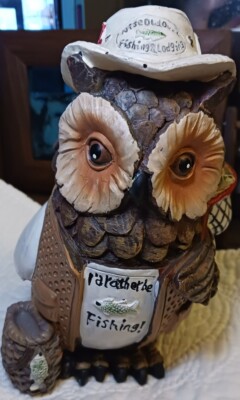 Call Of The Wild Wise Owl Gone Fishing Figurine Rustic ''I'd Rather Be Fishing'' 