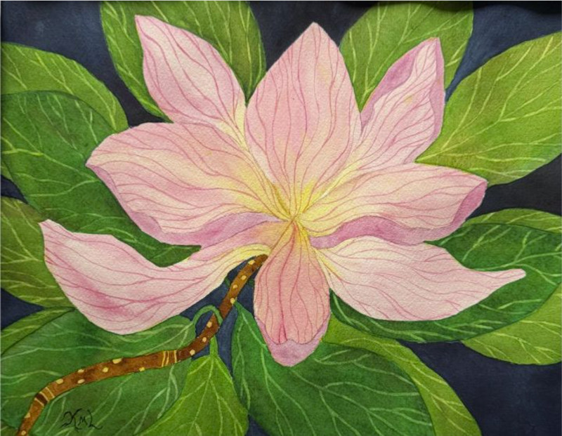 PAINTING WATERCOLOR 11X14 DOUBLE MAT 16X20 FLOWER MAGNOLIA PINK YELLOW LAVENDER