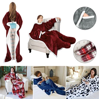Catalonia Sherpa Wearable Blanket with Sleeves Foot Pockets Throw Blanket Robe