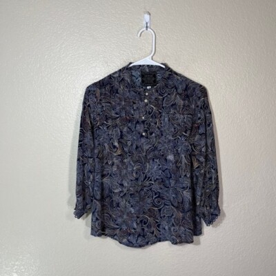 Johnny Was Jade Venus Floral Print Peasant Top Boho Pearl Button 100% Silk Sz XS