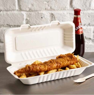 13'' x 6'' Mahlzeit/Burger/Zum Mitnehmen/Box Groß Weiß ''Fisch und Chip'' Bagasse Boxen x200