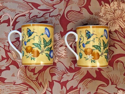 Zwei HERMES Kaffeetassen Tassen La Siesta gelb Porzellan mit Originalkarton 90er Jahre