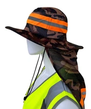 Hi Vis Reflective Work Safety Neck Flap Boonie Hat Camo  Bucket Cap