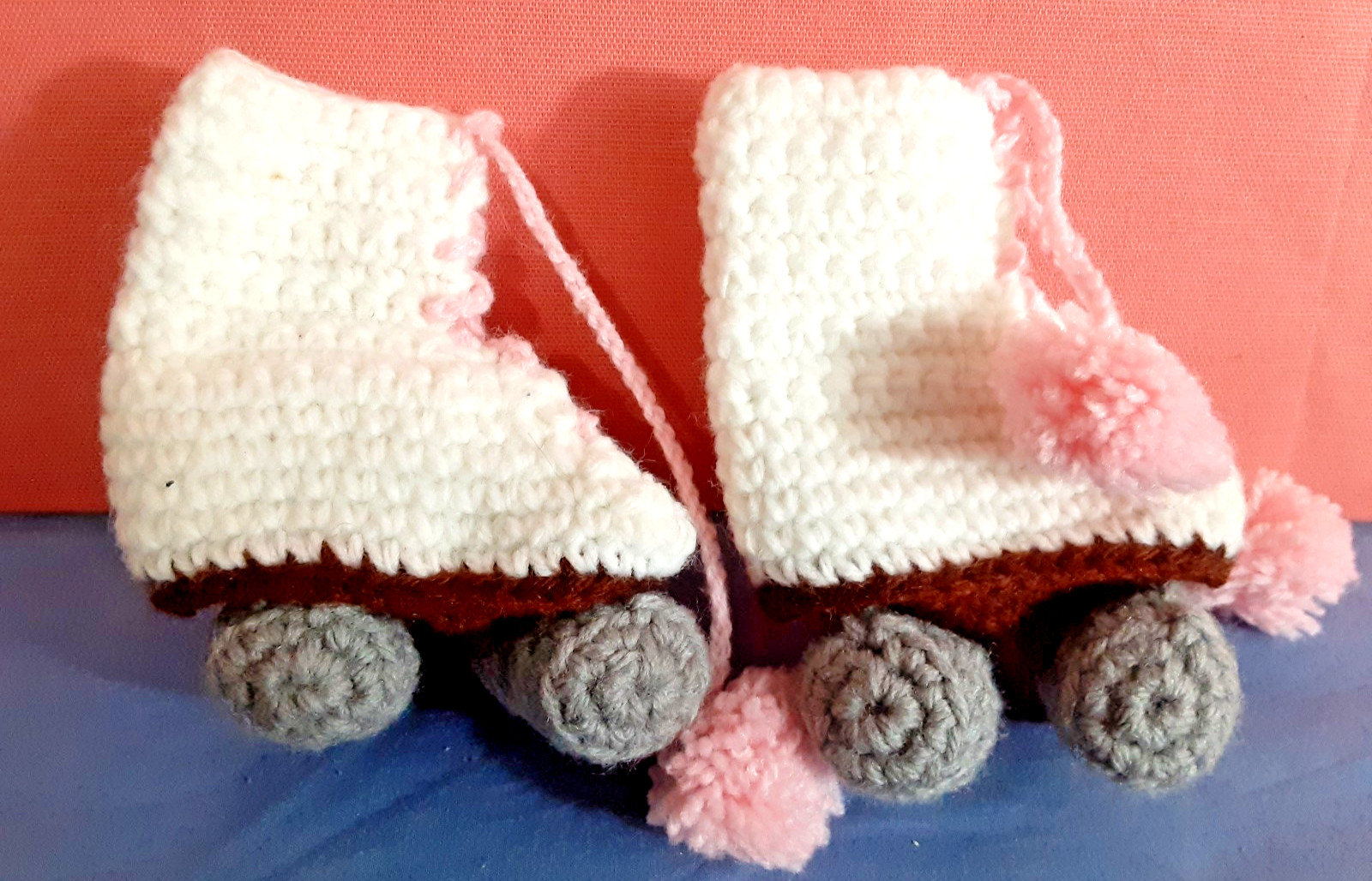 White & Grey Skates Crocheted Booties w/Pink Laces (Newborn or Deco)
