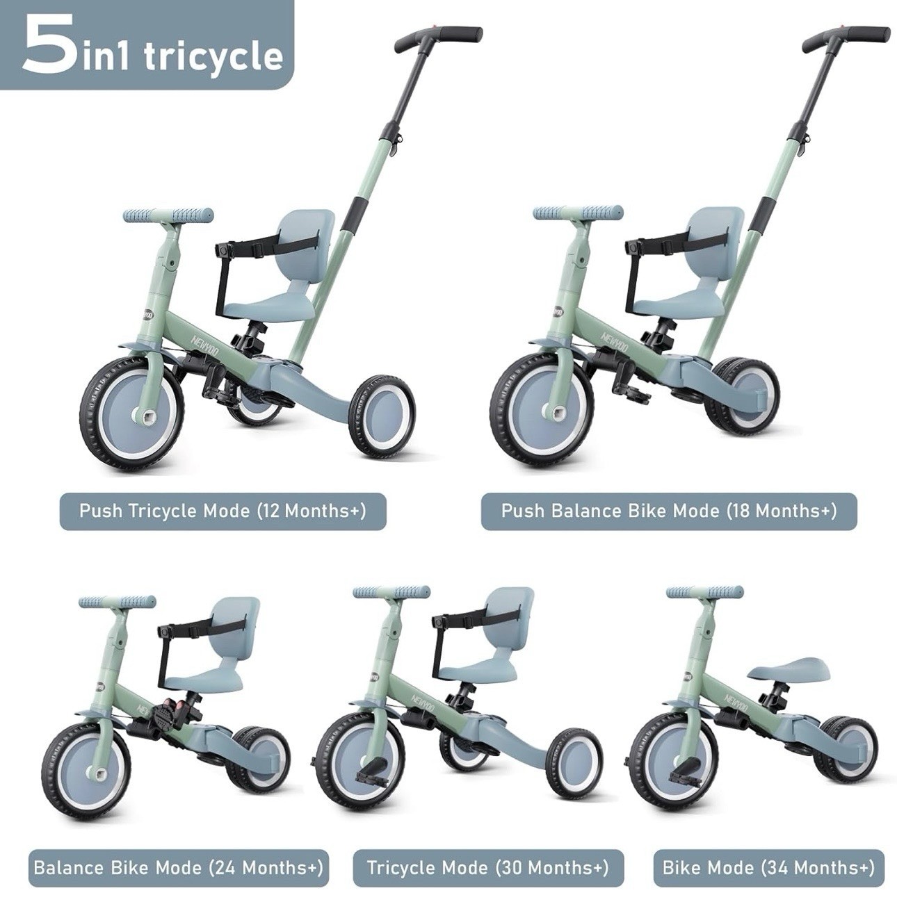 NEWYOO 5-in-1 Adjustable Tricycle Balance Bike with Push Handle for Ages 1-3