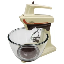 Vintage Sunbeam Mixmaster Stand Mixer Glass Bowl Cream Brown Retro Kitchen Works