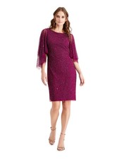 ADRIANNA PAPELL Womens Purple 3/4 Sleeve Above The Knee Shift Dress 2