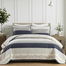 Striped Quilt Queen Size - Navy White Queen 90"x98" Navy/Gray/Off White/Cream
