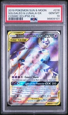 2019 POKEMON SUN & MOON COSMIC ECLIPSE #216 FULL ART/SOLGALEO & LUNALA GX PSA 10