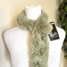 Genuine Fur Scarf Neck Warmer Collar Wrap Light Green Fluffy Soft Cozy Pom Pom