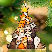 Cat Christmas Tree Ornament, 2D FLAT Acrylic Kitty Holiday Decoration