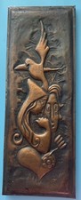 Vintage 1947 Copper Relief Repousse  On Wood  Wall Art Greece Signed NA - 14x 38