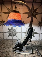 Vintage Style Cat Accent Lamp with Multicolor Art Glass Shade Desk Accent Light