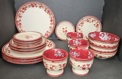 19 Temptations Floral Lace Red Basketweave Dinner Bread Salad Plates Cups Bowls