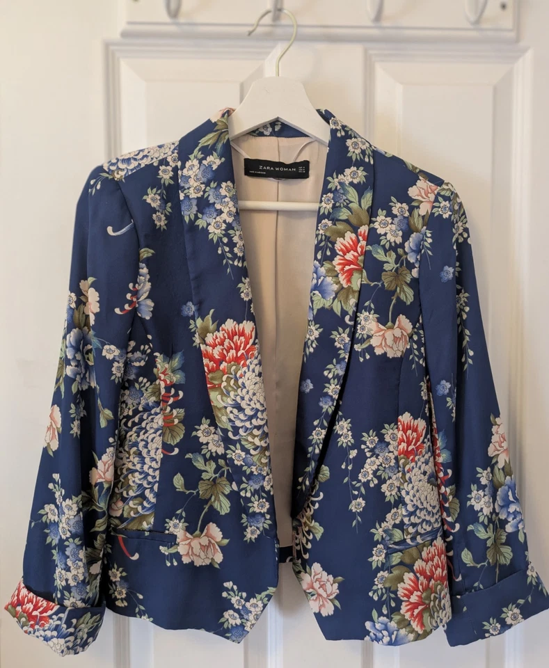ZARA WOMAN Blue Floral Satin Blazer Jacket, Size M / 10-12 - Image 1 of 3