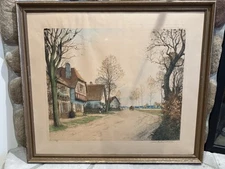 Vintage Antique French Paul Emile Lecomte Etching The Hamlet in France 30" x 26"