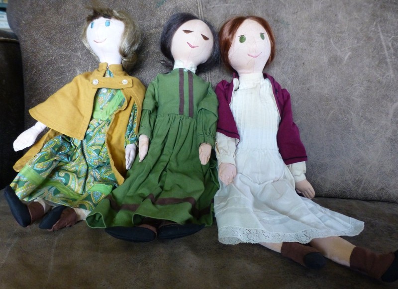 Set of 3 Handmade Little Women Folk Art Dolls with Human Hair - dated 1963