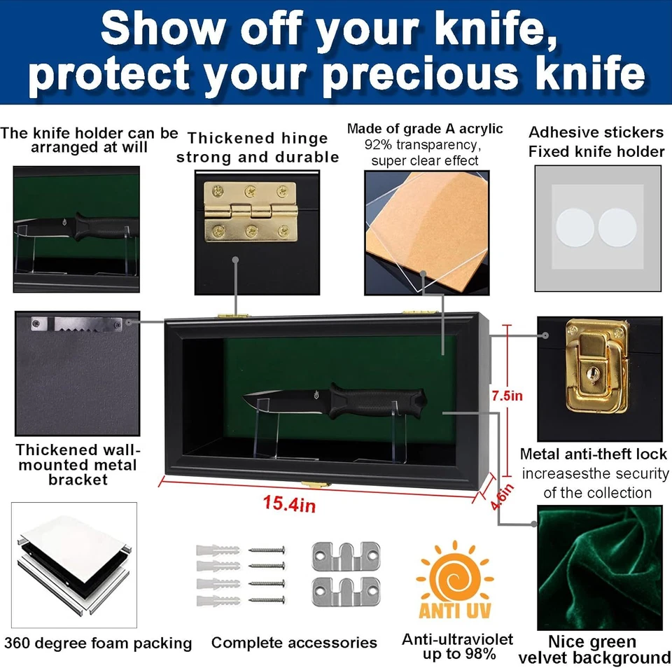 Vitrina para cuchillos madera 15 soportes fieltro verde cerradura gabinete soporte estante caja de sombra Foto 4 de 4