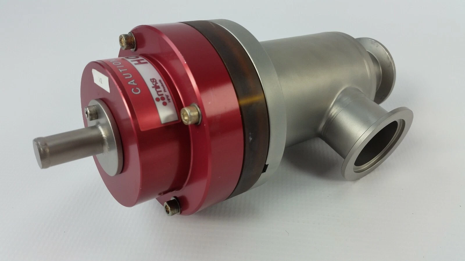 MKS 99G0598 valve from the cap end: red bonnet, CAUTION HOT label, stem and clamp flanges
