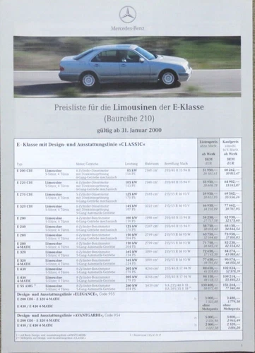 Mercedes E-Klasse Limousine W210 Preisliste price list von 1/2000 (RB)