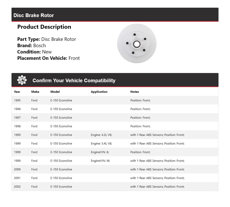 Rotor de freno de disco delantero 1996 para Ford E-150 Econoline Bosch QuietCast 1995-2002 Foto 2 de 4
