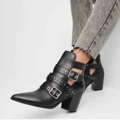 ALDO GWELICLYA BLACK LEATHER STUDDED  BIKER ANKLE BOOTS EUC  US 8.5