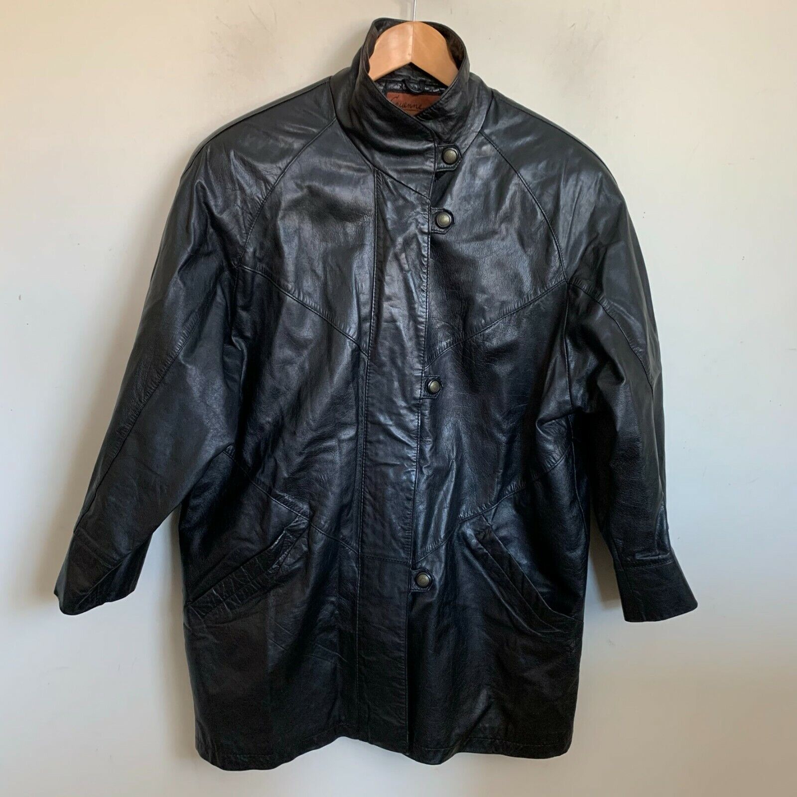 Cayenne Vintage Coat Black Leather Collared Zip F… - image 1