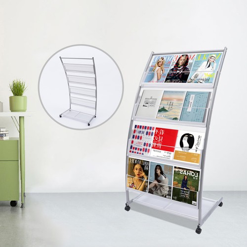 Rolling Magazine Rack Floor Standing Brochure Display Stand Holder for Offices
