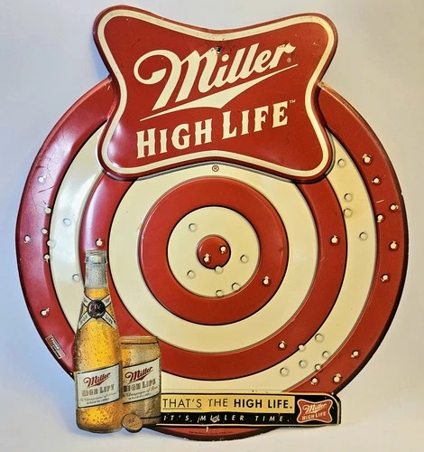 Vtg Miller High Life Beer Bullet Holes Bullseye Girl On Moon Bar Sign Tin 1998