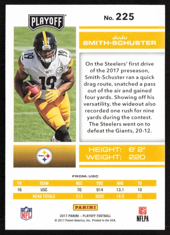 2017 Panini Playoff JuJu Smith-Schuster #225 Rookie Pittsburgh Steelers - Image 2 of 2
